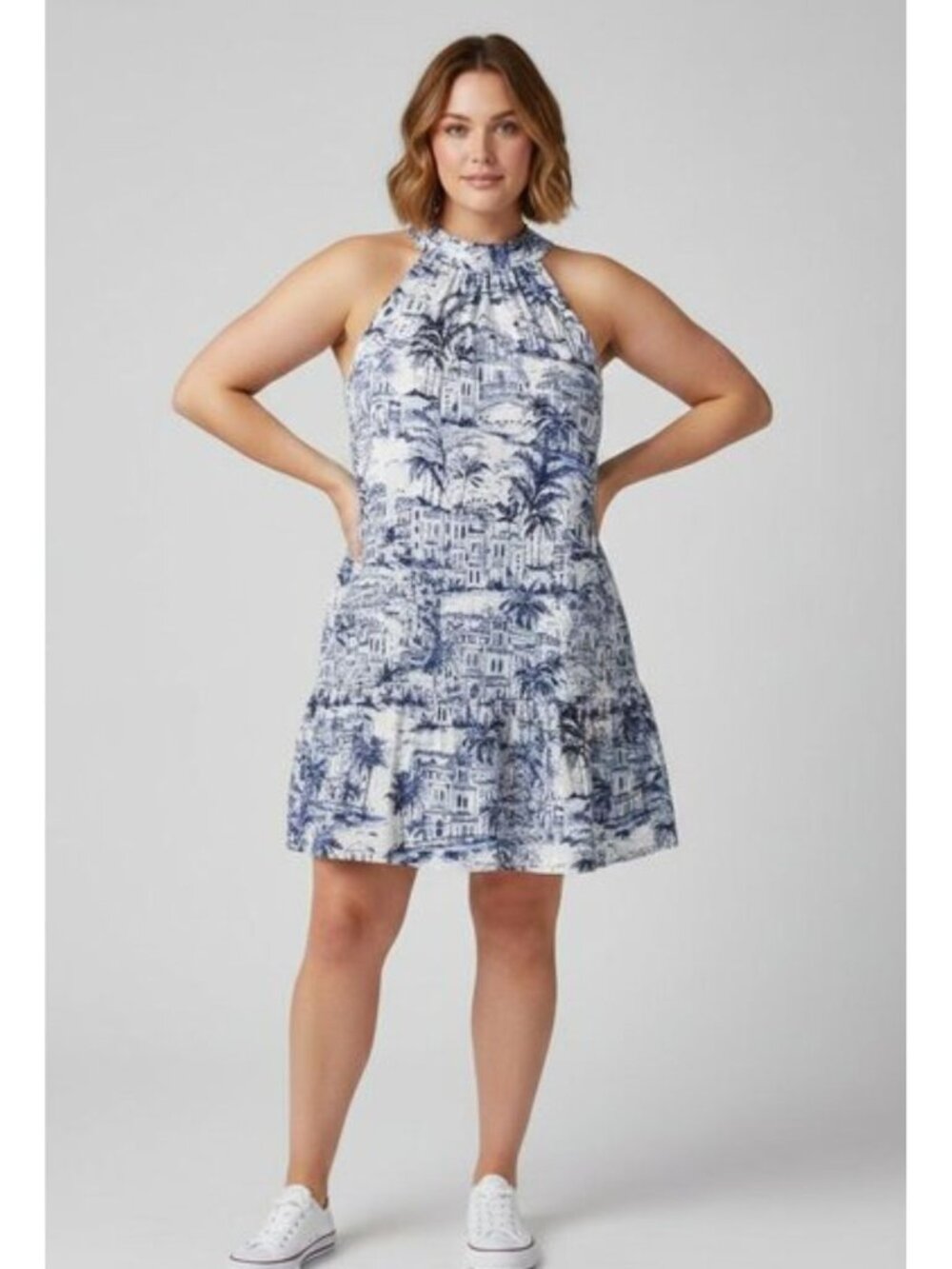 CALYPSO ST BARTH Woven Tropical Blue/White Toile Tier Halter Mini Dress L NWT